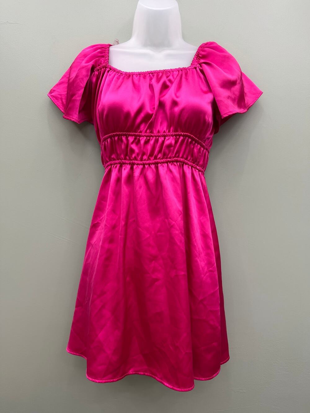 Originality Pink Satin Mini Dress XS Flutter Sleeve Empire Waist Made USA
